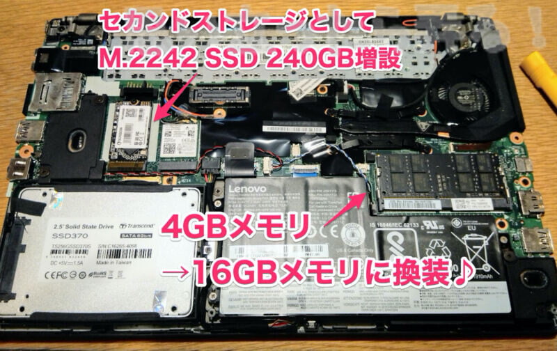 セカンドストレージとしてM.2242 SSDを増設してメモリを16GBと交換したよ