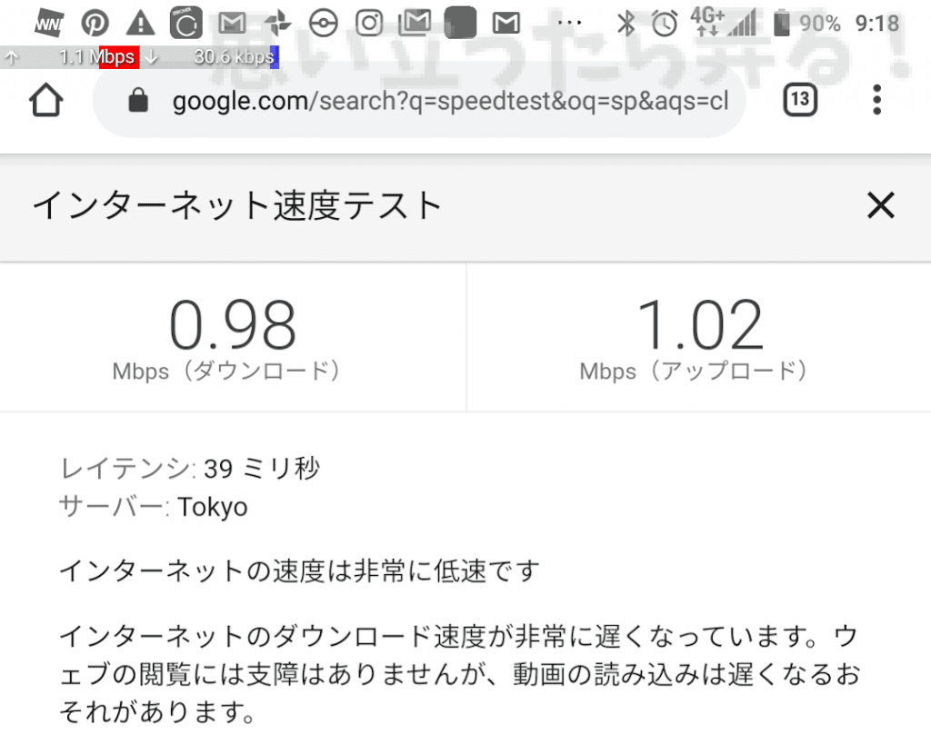 楽天アプリだと制限モードでも通常速度表示されてしまうので別なインターネット速度テストを試してみる