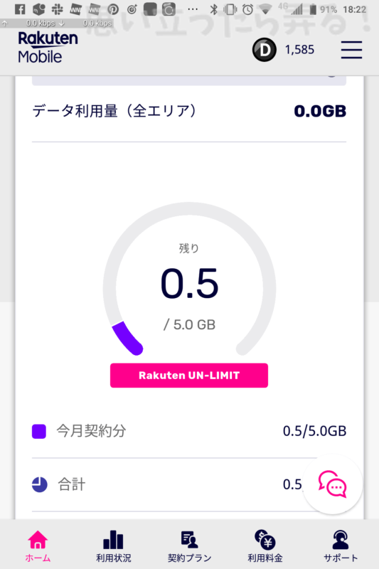 楽天パートナー回線のギガが残り0.5ギガ