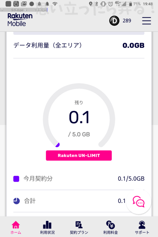 Rakuten UN-LIMITパートナー回線のデータが残り0.1ギガ