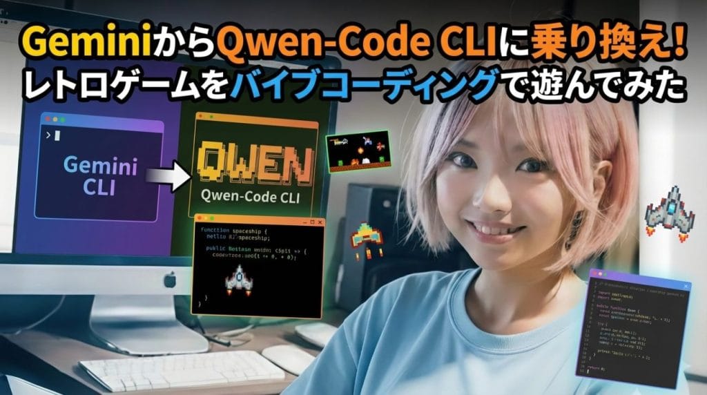 ブログ記事「Gemini CLIからQwen-Code CLIに乗り換えてレトロ風ゲームをバイブコーディングして遊んでみた」のアイキャッチ画像