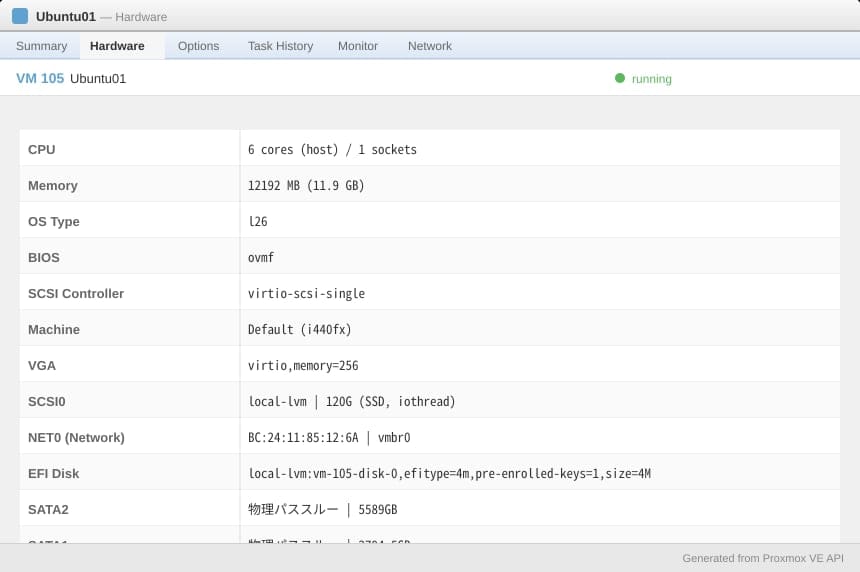 Proxmox VM 105（Ubuntu01）のハードウェア構成。6コア/12GB RAM/120GB SSD + 3TB + 6TB HDD物理パススルー