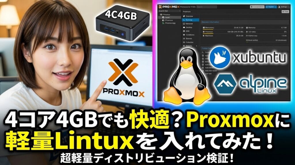 4コア4GBでも快適?Proxmoxに軽量Linuxを入れてみた!のアイキャッチ画像。女性がモニタ(Proxmoxロゴ)を指し、4C4GB・xubuntu・Alpine LinuxのロゴとPVEダッシュボードが並ぶサムネイルグラフィック。