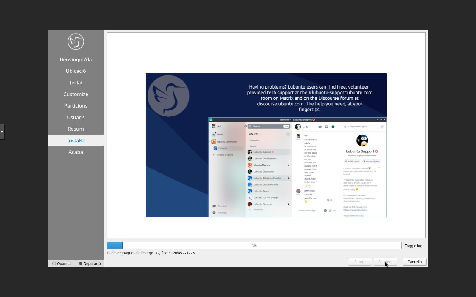 LubuntuのCalamaresインストーラのインストール進行画面。プログレスバーが進んでいる