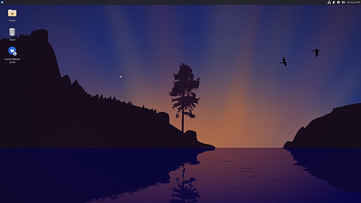 ProxmoxのVM 201で起動したXubuntu 26.04のライブ環境デスクトップ画面。XfceデスクトップとInstall Xubuntuアイコンを表示