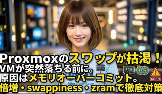 Proxmoxのスワップが枯渇！VMが突然落ちる前に——原因はメモリオーバーコミット。倍増・swappiness・zramで徹底対策
