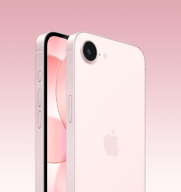ソフトピンクのiPhone 17e 前面と背面 Appleロゴとシングルカメラ 側面アクションボタン