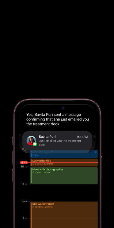 バーガンディのiPhone 18 Pro 前面 Apple Intelligence Siri AI 会話画面